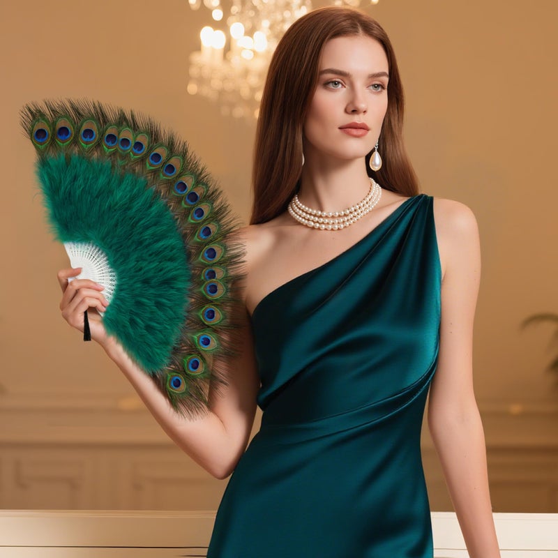 BABEYOND Roaring 20s Vintage Style Peacock & Black Marabou Feather Fan Flapper Accessories for Costume Halloween Dancing Party Tea Party Variety Show (Dark Green-White Rib) - Image 4